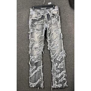 TAKER Premium Ripped Distressed Stacked Denim Jean Mens Size 30x36 Black Stretch